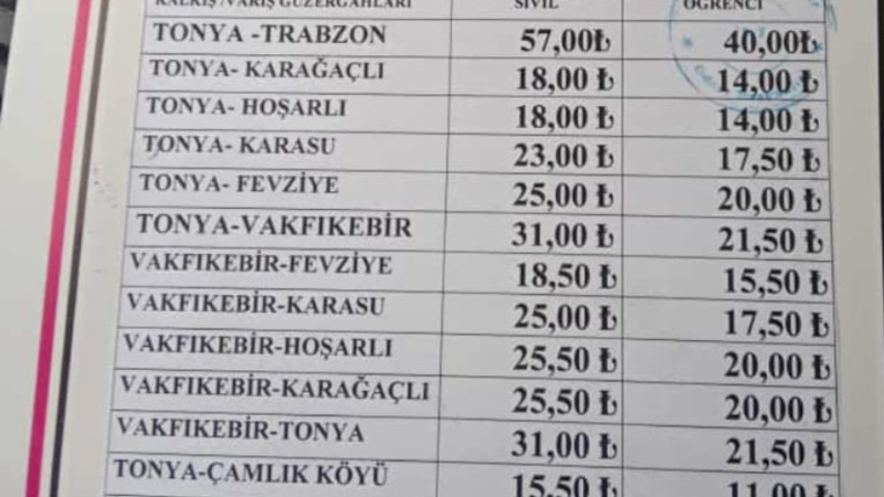 TONYA VAKFIKEBİR ARASI DOLMUŞ ÜCETİNE ZAM..